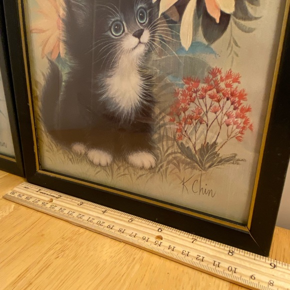 MCM cats vintage kitten flowers black framed prints kitsch 70s colors K Chin art - Picture 10 of 16